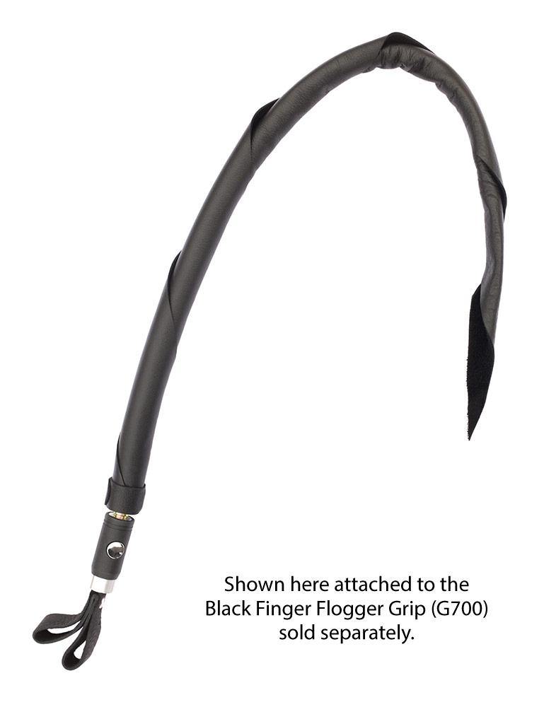 The Cow Leather Interchangeable Dragontail in Black is shown attached to a Black Finger Flogger Grip against a blank background.