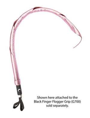The Metallic Cow Leather Interchangeable Dragontail in Pink is shown attached to a Black Finger Flogger Grip against a blank background.