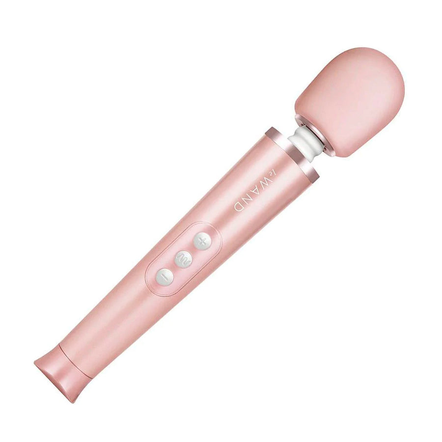 A Le Wand Petite Rechargeable Vibrating Massager in Rose Gold is shown against a blank background.