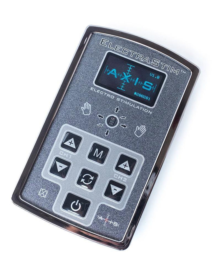 The Electrastim Axis Stimulator is shown against a blank background. It is a gray rectangular remote with a small LED screen and 7 buttons: a power button, 2 up arrows, 2 down arrows, 1 with an “M,” and 1 with 2 arrows going in opposite directions. 