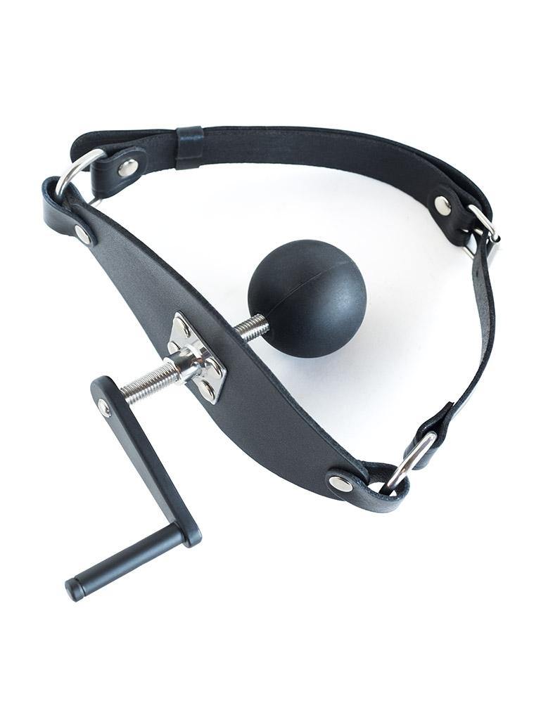 The Screw Ball Mouth Gag is shown against a blank background. It has a buckling leather strap with a flat piece of black leather and a metal plate in the front, which holds a metal crank with a handle on the outside and a black silicone ball on the inside.