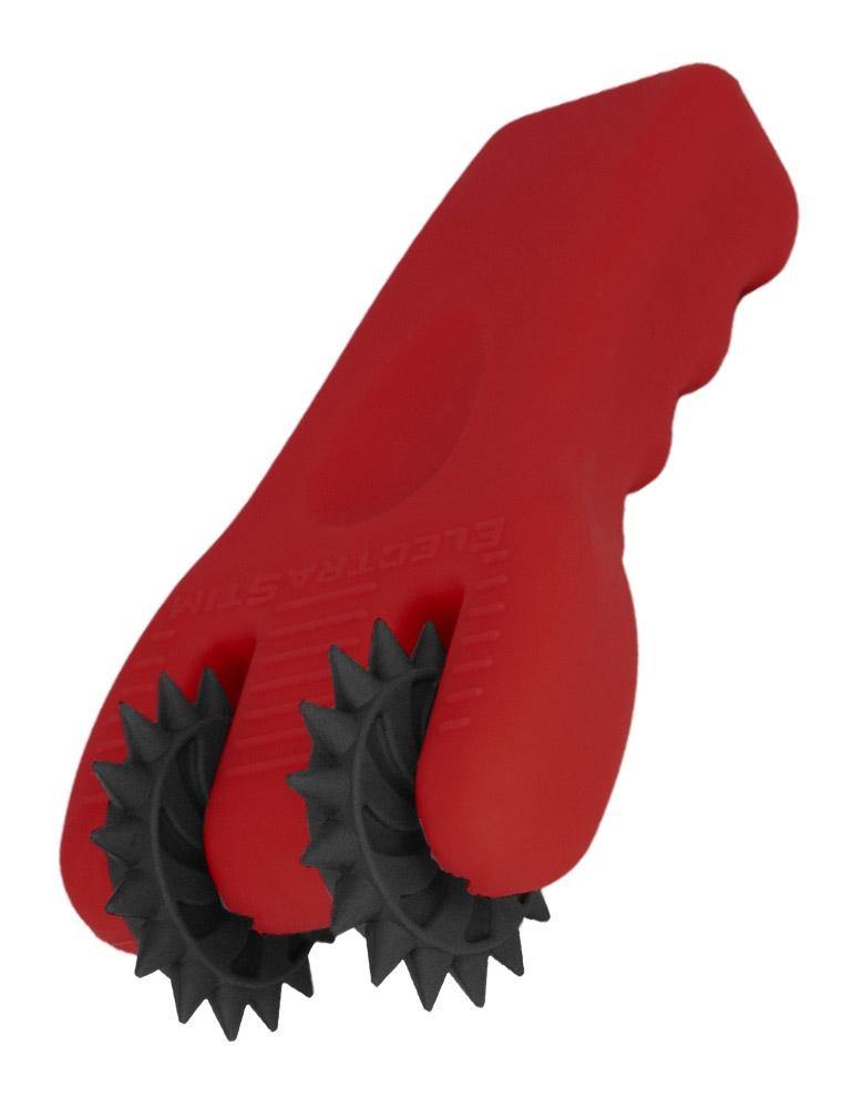 The Electrastim Silicone Fusion Infinity Pinwheel is displayed against a blank background. It has a matte red silicone handle with two black silicone pinwheels at the top.