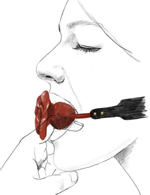 A drawing of a woman in profile with the rose gag in her mouth.
