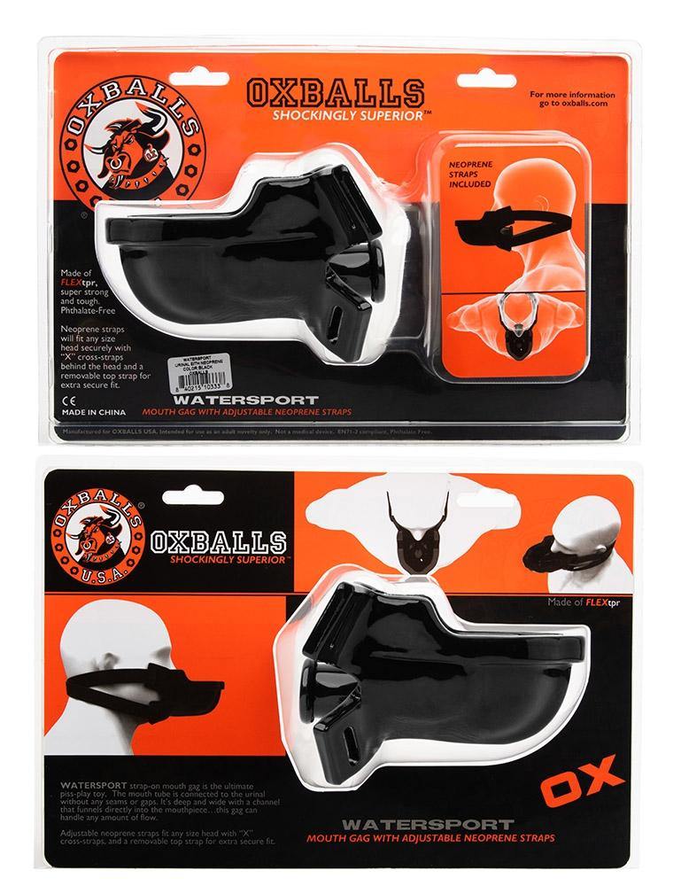 The packaging for the Watersport Mouth Gag With Adjustable Neoprene Straps from Oxballs, which has drawings of the gag in use, is displayed against a blank background.