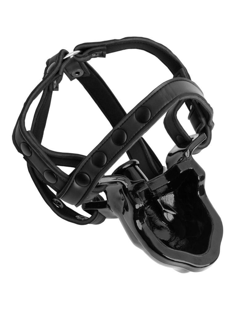 The black Watersport Mouth Gag With Adjustable Neoprene Straps from Oxballs is displayed against a blank background. The gag has a trough in the front which leads to the cylindrical gag. 