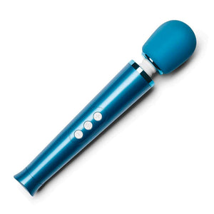 A Le Wand Petite Rechargeable Vibrating Massager in Metallic Blue is shown against a blank background.