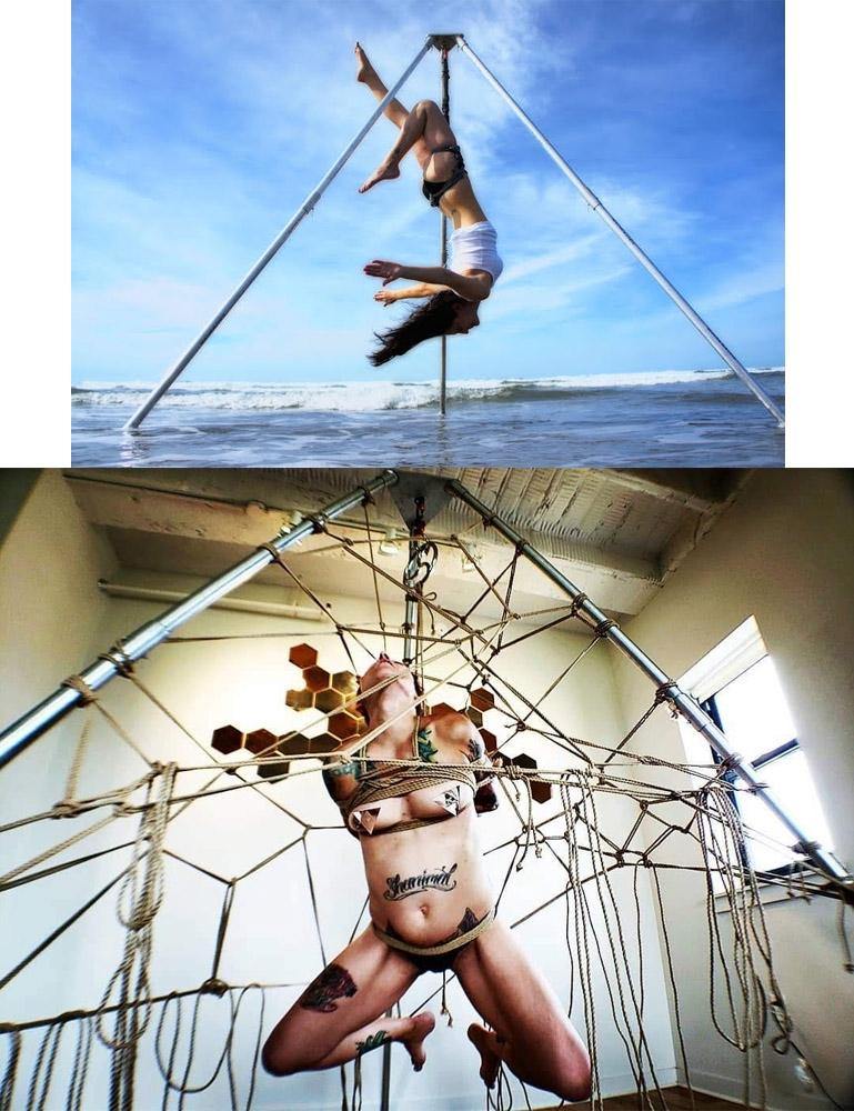 Two photos are stacked ontop of each other. The top photo shows a woman suspended upside down by her hips from the Tetruss Suspension Bondage Frame while on the beach. The lower photo shows a nude person suspended indoors from the frame by their torso. They have their arms tied behind their back.