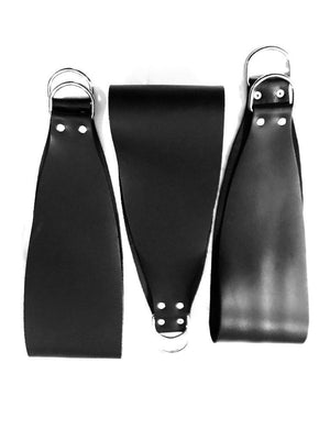 The three black leather stirrups with silver hardware are shown next to each other against a blank background.