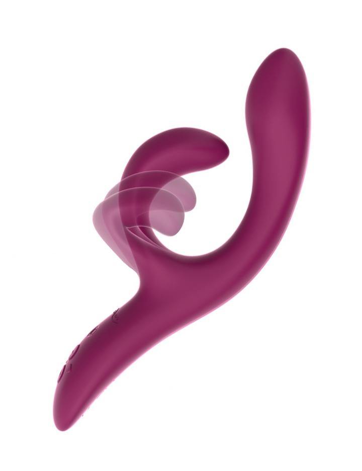The We-Vibe Nova 2 Rabbit Vibrator is shown from the side against a blank background. The clitoral stimulator is shown in multiple positions with translucent image overlays, demonstrating its flexibility. 