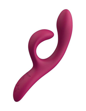 The We-Vibe Nova 2 Rabbit Vibrator is shown against a blank background. The toy is a deep magenta and has a slightly curved insertable portion, with a smaller, curved projection for external stimulation.