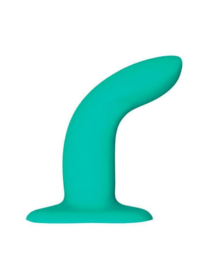 The Fun Factory Limba Flex Bendable Dildo in Small is shown from the side against a blank background. The dildo has been curved so that it is bent in the middle, almost forming a right angle.