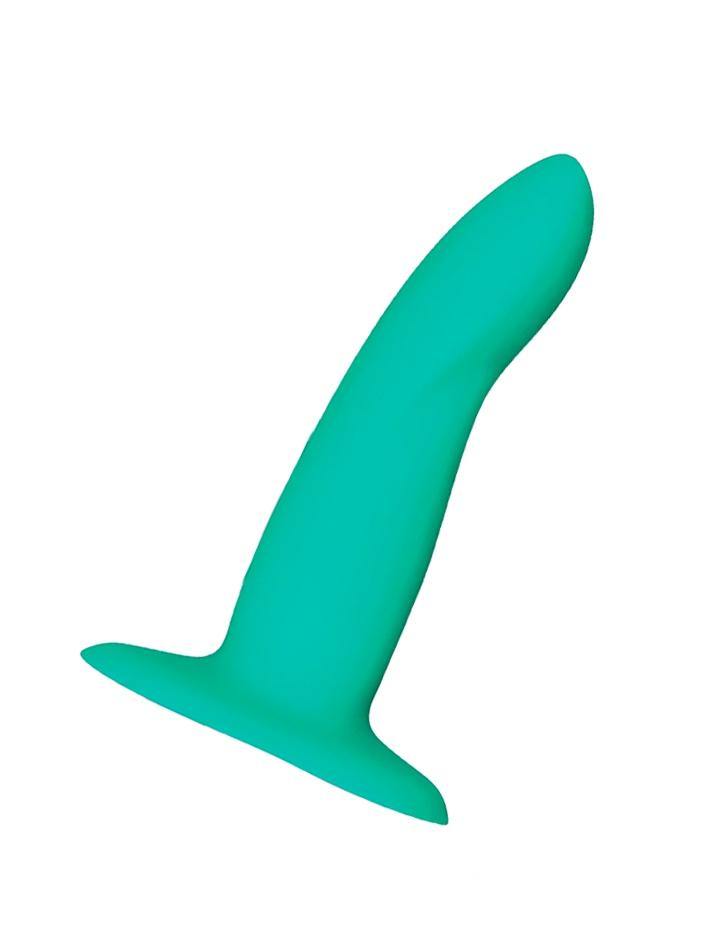 The Fun Factory Limba Flex Bendable Dildo in a size Small is shown from the side against a blank background. The dildo is a bright aqua color with a flat, extended base. It is slightly tapered and is mildly curved just below the head.