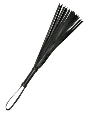 The 24-inch Basic Black Leather Flogger is shown against a blank background. The flogger has many thin falls with slightly slanted ends. The handle is cylindrical and wrapped in black leather. There is a leather wrist loop at the base of the handle.