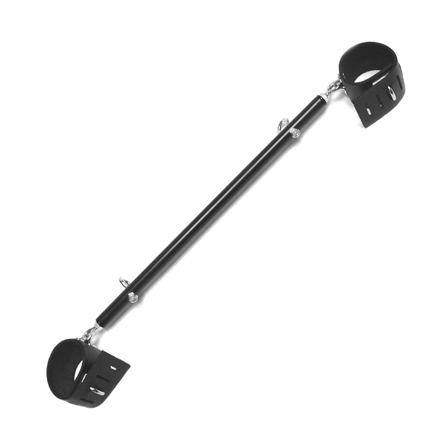 The Black Wrist Spreader Bar with Leather Cuffs is shown against a blank background. It is made of a black rod with black leather wrist cuffs on each end. The cuffs are adjustable and have hasp closures.