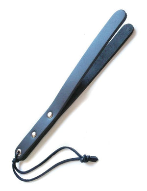 The black leather Mini-Slapper is shown against a blank background. It is shaped like a thin, curved rectangle, made of two pieces of leather connected at the base and split apart from middle to tip. There is a wrist loop at the base of the handle.