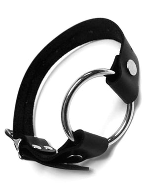 The Leather Thigh Dildo Strap is displayed against a blank background. The harness is made of a strip of black leather with a large silver O-ring in the center. The strap is adjustable and has a metal buckle closure.