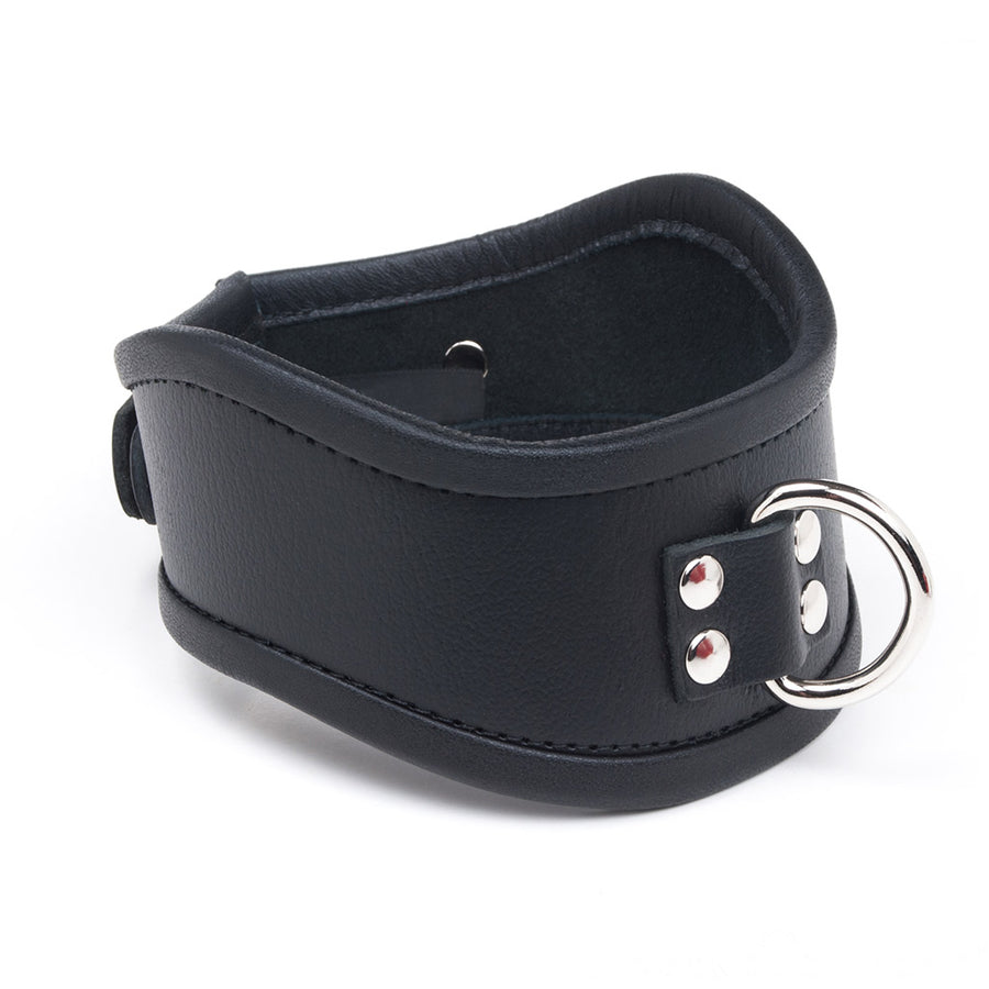 The Curved Posture Collar is displayed against a blank background. It is made of black leather and has a D-ring in the front, which is silver.
