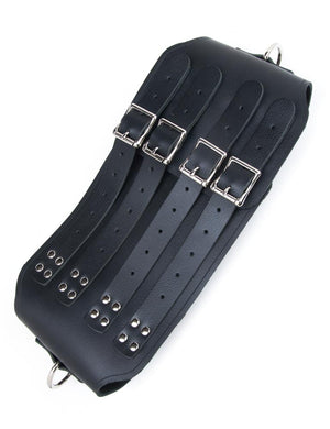 The front side of the black Heavy Leather Waist Cincher is shown against a blank background. The cincher has four adjustable straps with silver metal buckles. 