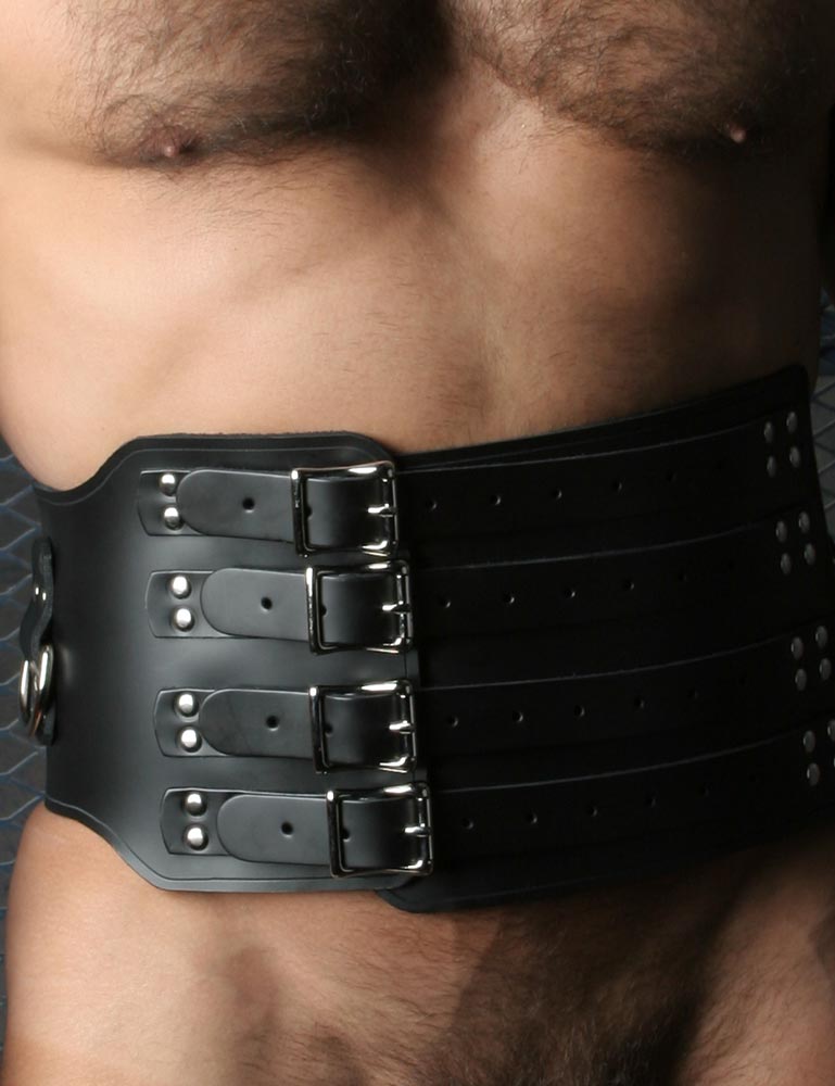 A close-up of a man's torso with the black Heavy Leather BDSM Waist Cincher on it is shown. 