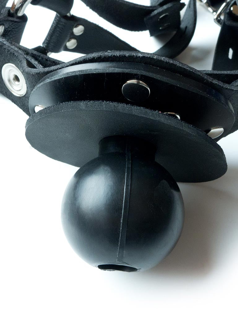 A close-up of the gag on the Trainer Ball Gag with a Dildo Ring is shown against a blank background. The gag is a black rubber ball with a small hole in it, connected to a base that is attached to a leather backing.