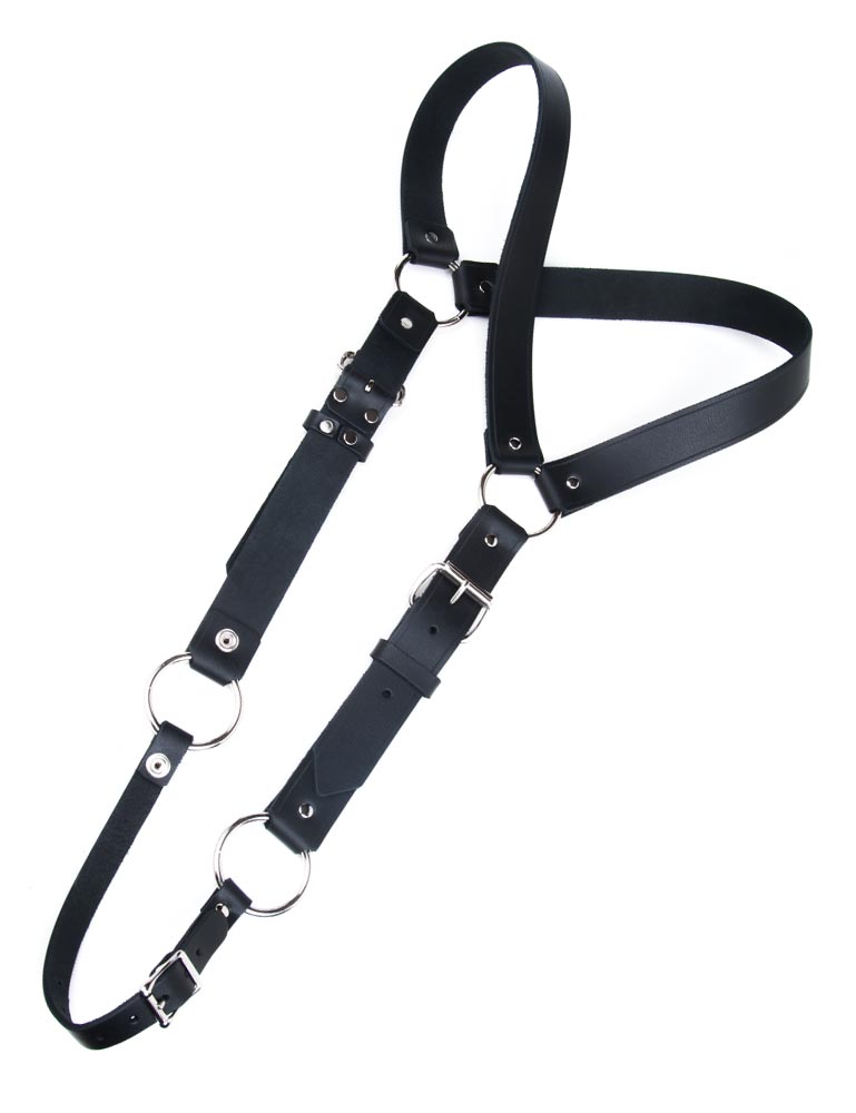 The black Leather Y Body Harness with a Metal O-Ring is shown against a blank background.