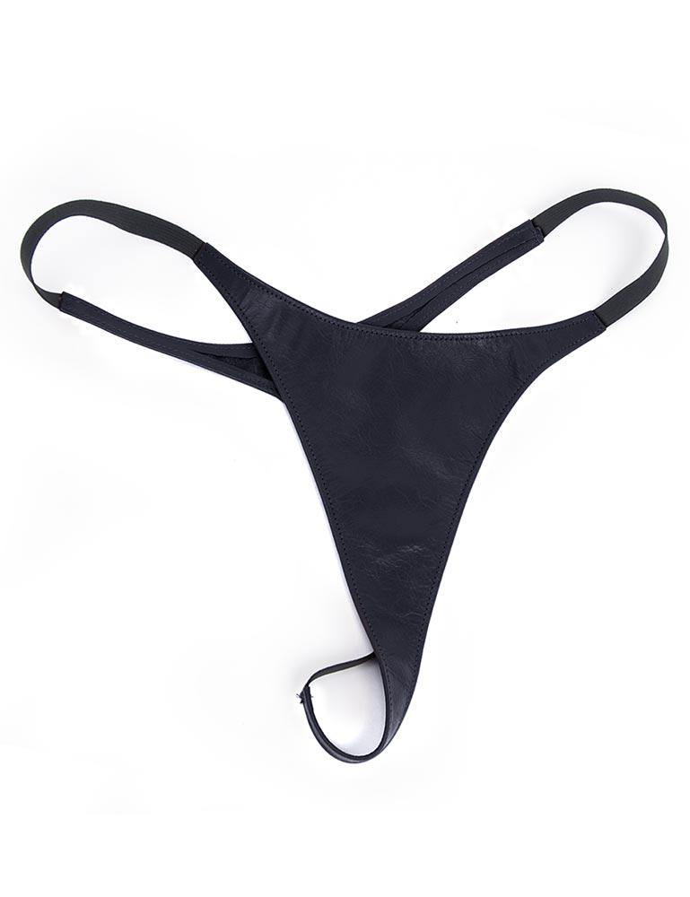 The Women's black Leather Thong is displayed against a blank background.