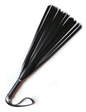 The 18-inch Basic Leather BDSM Flogger is shown against a blank background. The handle is a cylinder wrapped in black leather with a black wrist loop at the end. The falls are black leather strips with slightly angled tips.