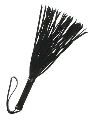The 18" Basic Suede Flogger is displayed against a blank background. The falls and handle are made of black suede. There is a wrist strap made of black leather at the base of the handle.