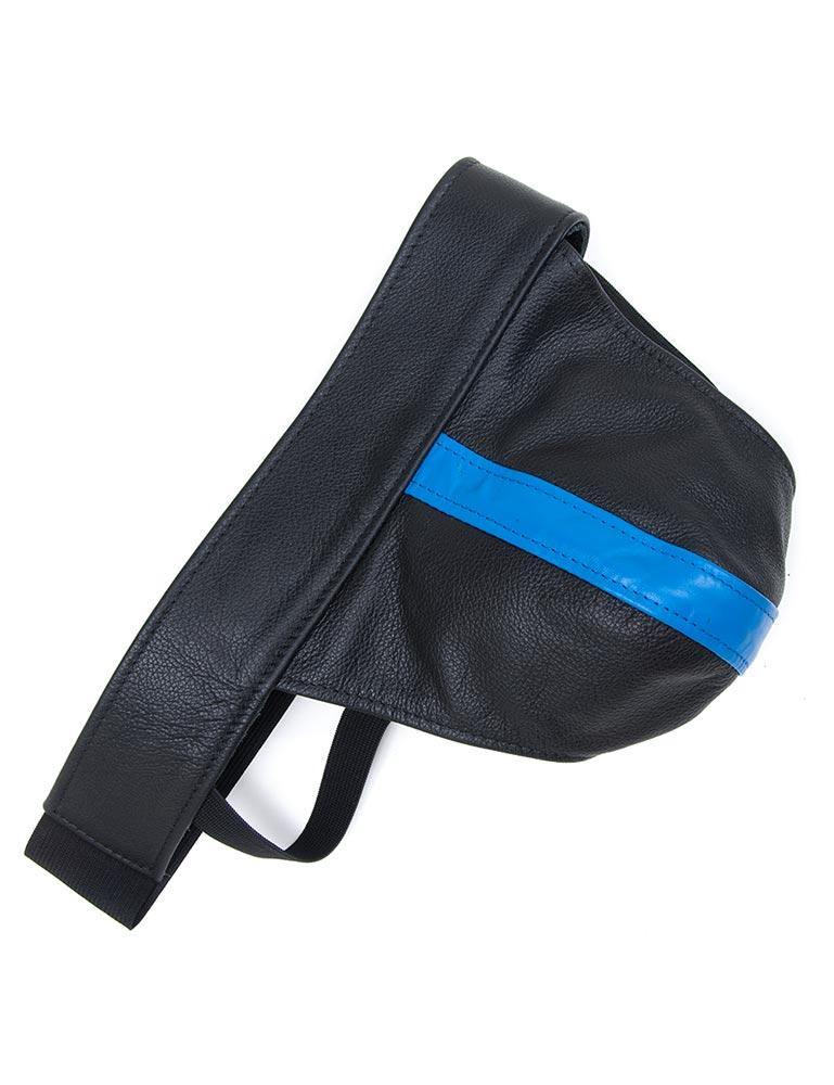 The Blue Leather Color Coded Jockstrap is shown against a blank background. It is a black leather jockstrap with black elastic strips. There is a vertical strip of blue leather in the center of the jock. 