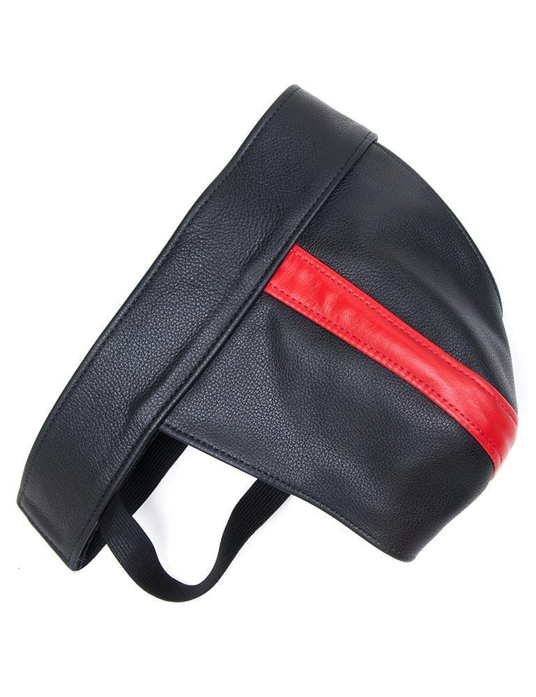 The red Leather Color Coded Jockstrap is shown against a blank background. It is a black leather jockstrap with black elastic strips. There is a vertical strip of red leather in the center of the jock. 