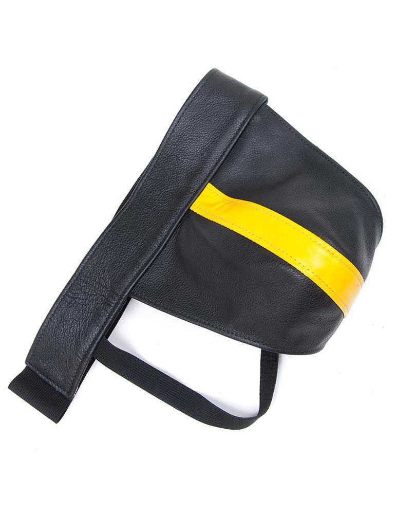 The yellow Leather Color Coded Jockstrap is shown against a blank background. It is a black leather jockstrap with black elastic strips. There is a vertical strip of yellow leather in the center of the jock. 