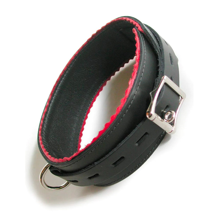 The Leather Buckling Collar with Scalloped Edges is shown against a blank background. The collar is made of black leather with red leather scallop trim on the edges. It has a metal D-ring and a lockable metal buckle.