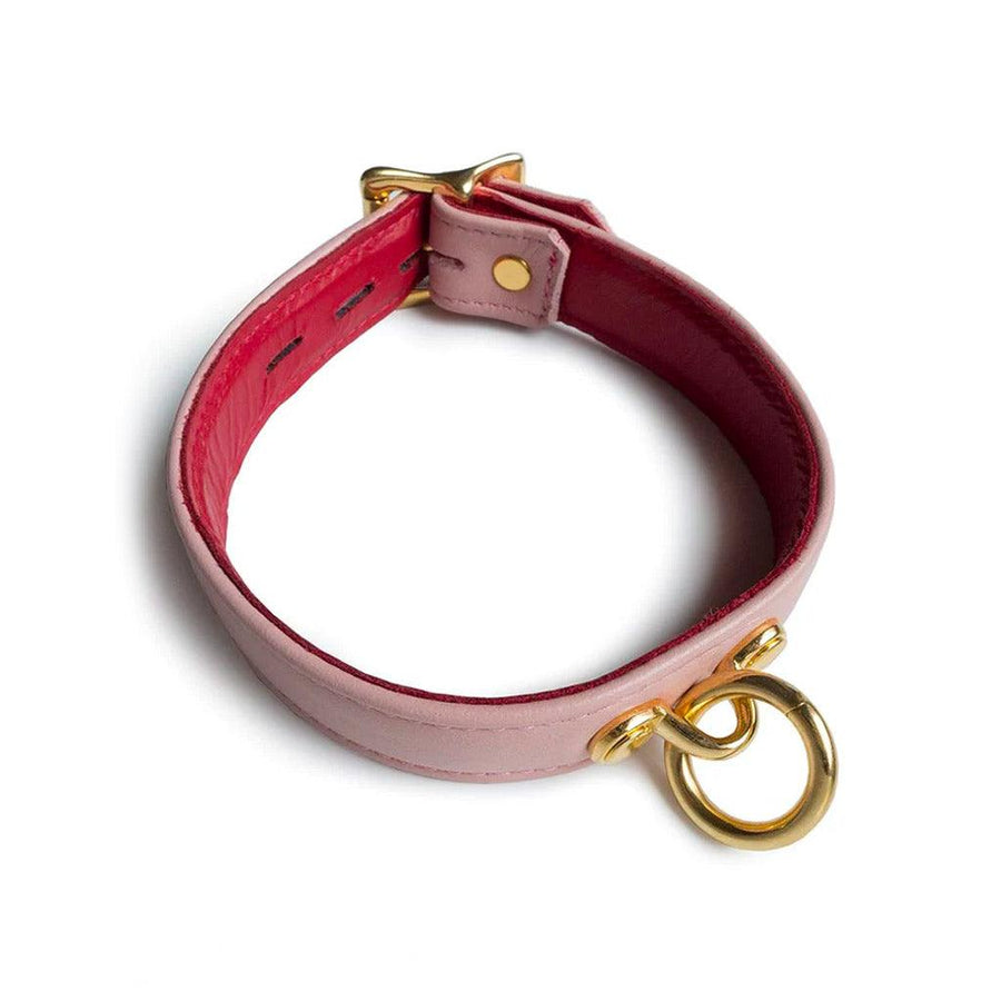 The Premium Garment Leather Collar With 18k Gold Plated Hardware is displayed against a blank background. The collar is made of light pink leather with a red lining. The collar has a dangling O-ring at the front and a buckle in the back.