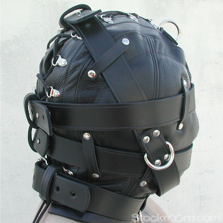 A person's head in the Heavy Duty Leather Hood is shown from the side. The straps that wrap around their face buckle behind their head. The hood laces up the back with black nylon laces.