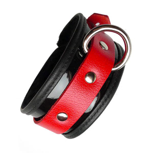 One Firecracker Patent Leather BDSM Ankle Restraint is shown against a blank background, displaying the silver metal D-ring.