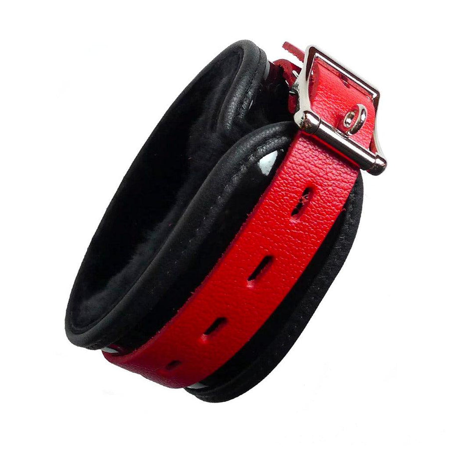 One Firecracker Patent Leather BDSM Ankle Restraint is shown against a blank background, displaying the adjustable red strap and metal lockable buckle.