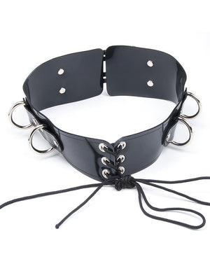 The back of the Lockable Waist Cincher Belt is shown against a blank background. The belt pieces have three metal grommets which are laced corset-style with black laces. The belt has two metal D-rings on each side.
