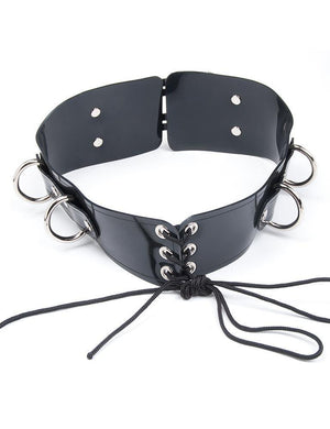 The back of the Lockable Waist Cincher Belt is shown against a blank background. The belt pieces have three metal grommets which are laced corset-style with black laces. The belt has two metal D-rings on each side.