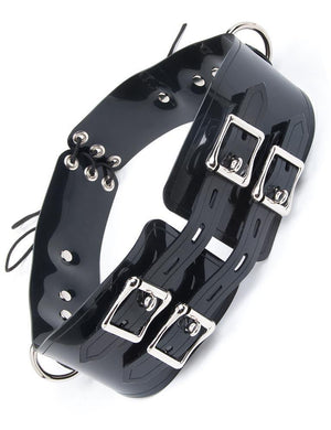 The Lockable Waist Cincher Belt is shown against a blank background. It is made of two separate pieces of black PVC, which buckle together in the front and lace together in the back. Each piece has 2 buckles stacked vertically. The hardware is metal.