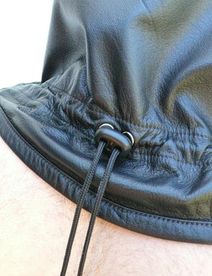 A close-up of the Leather Guillotine Hood's black nylon drawstring cord is shown.