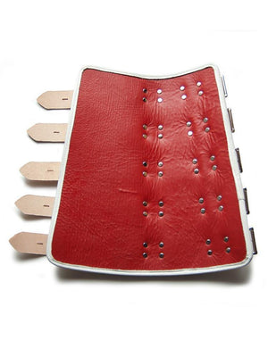 The interior of an uncuffed BDSM Deluxe Medical Leather Arm Splint is shown against a blank background. The inside of the splint is lined with red leather.