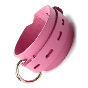 The Pink Leather Collar with Locking Buckle is shown against a blank background. It is made of a wide piece of light pink leather with a thinner, notched strip of leather wrapped around it. The collar has a silver metal D-ring.