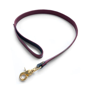 The Leather JT Signature Collection Leash is displayed against a blank background. It is made of a Bordeaux-colored strip of leather with black accents. One end has a wrist loop, and the other has an 18k gold-plated snap hook.