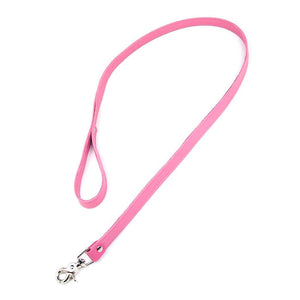 The pink Premium Garment Leather Leash is shown against a blank background. It is a strip of pink leather with a wrist loop on one end and a metal snap hook on the other.