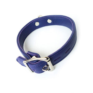 The purple Premium Garment Leather Collar is displayed from the back against a blank background, showing the silver lockable buckle. The strap of the collar is adjustable.