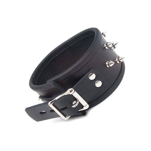 The back of the BDSM Alpha Dog Leather Collar with Spikes is shown against a blank background. The collar has an adjustable strap and lockable metal buckle.