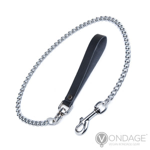 The Vondage Chain Leash with a Handle is displayed against a blank background. The chain leash is made of silver metal and has a snap hook at the end. The handle is a black, faux leather loop.
