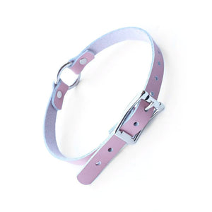 The Stupid Cute O-Ring Leather BDSM Choker is shown from the bacck against a blank background. It is adjustable and has a metal buckle.