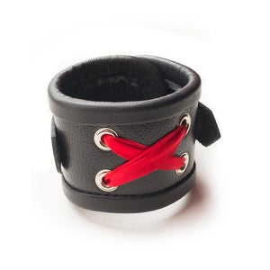 One of the Red Laced Leather Wrist Cuffs is shown against a blank background, displaying the red lacing.