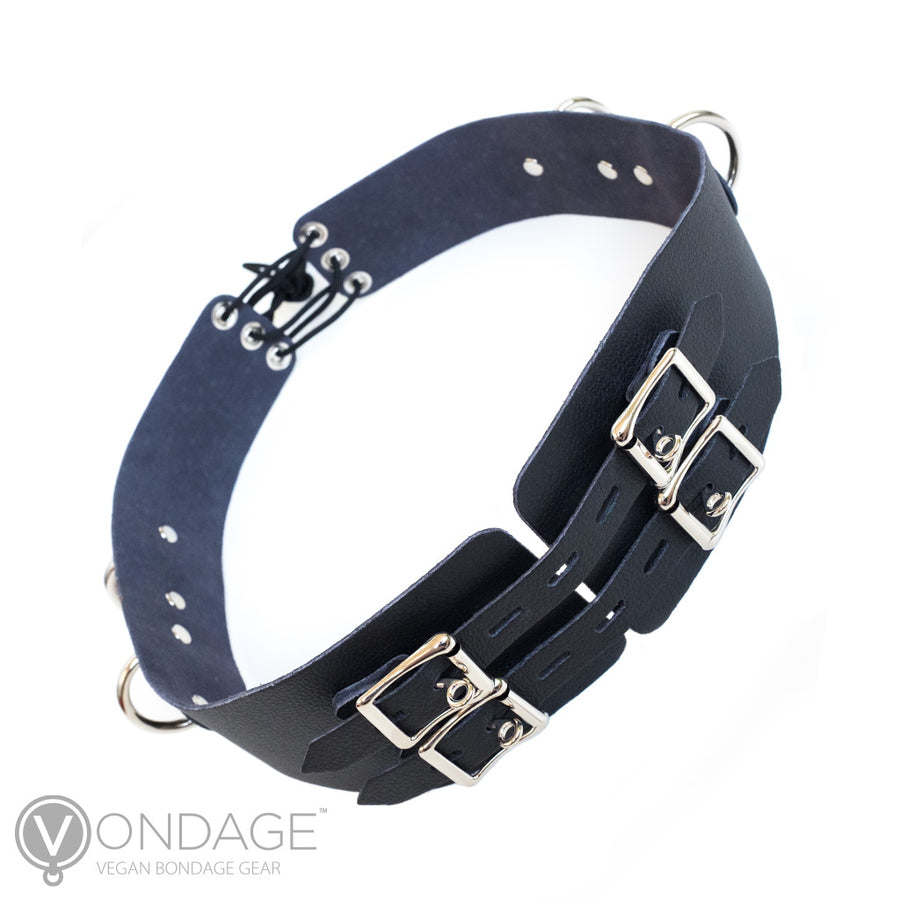 The  Vondage Lockable Waist Cincher Belt is shown against a blank background. The belt is made of two pieces, which are separated slightly at the front. The pieces are attached via lockable buckles. Each piece has two buckles stacked vertically.